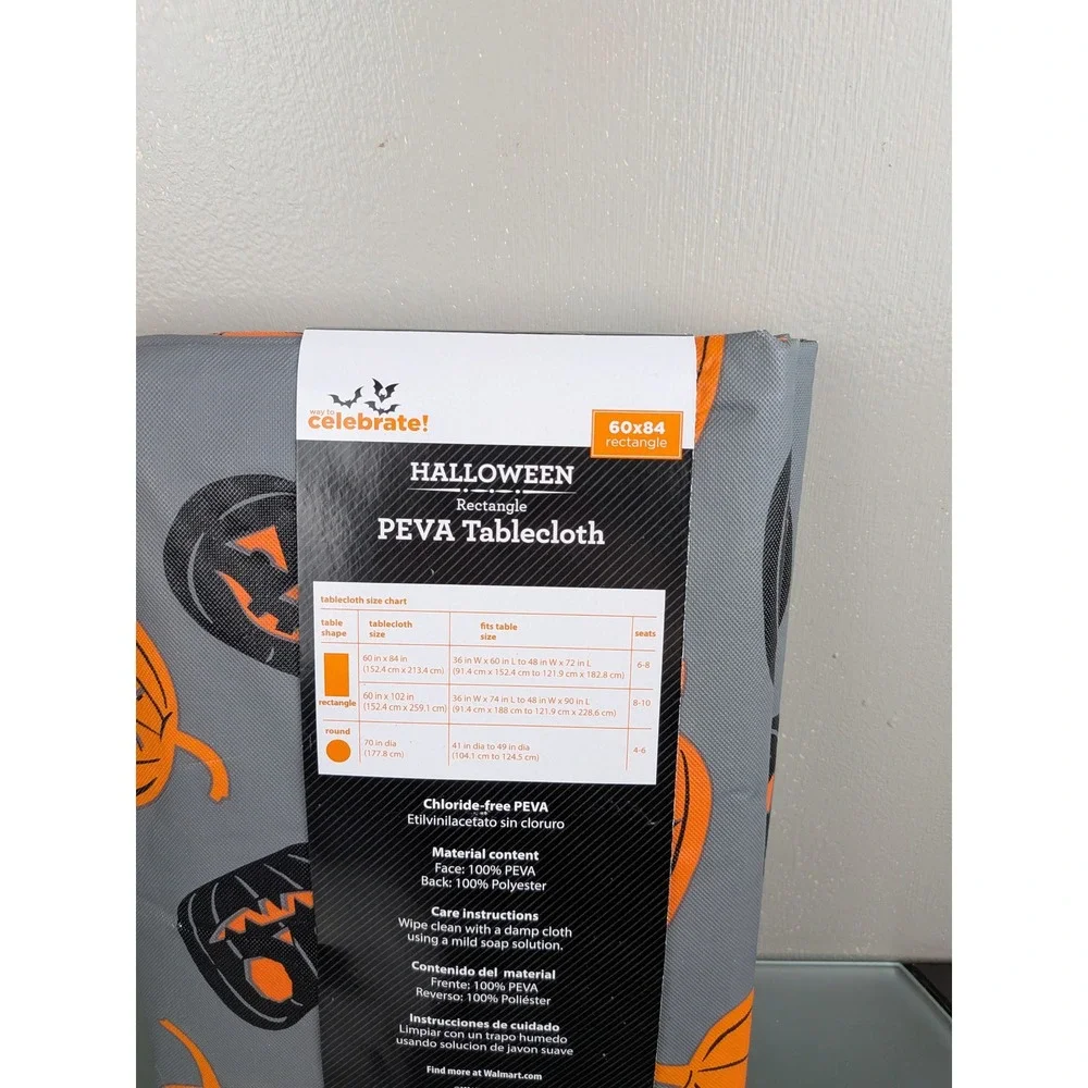 Way to Celebrate Halloween Pumpkin PEVA Tablecloth 60x84 Rectangle Gray Orange